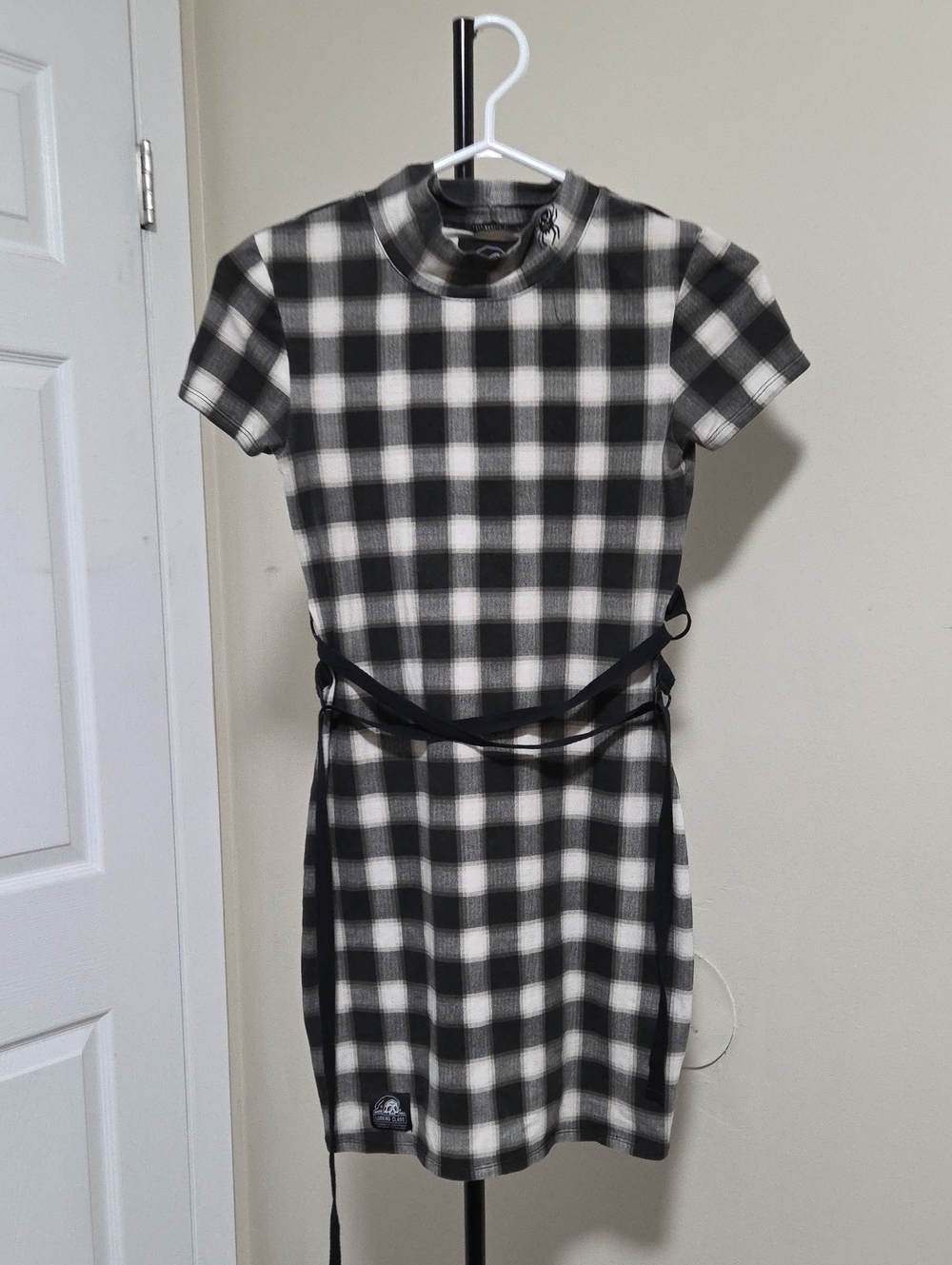Lurking Class Cotton Blend Plaid Short Sleeve Mock Neck Dress in Black & White